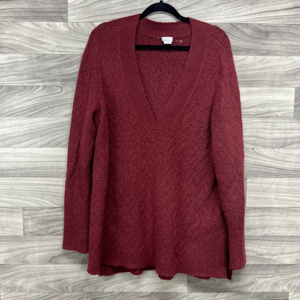 Chico's Sweater Women's Large Red Long Sleeve Herringbone Textured Wool Pullover